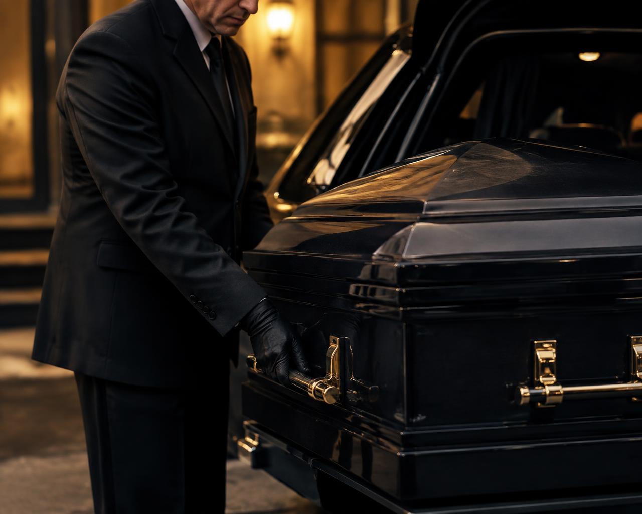 MMSS professional in black suit and gloves with a casket