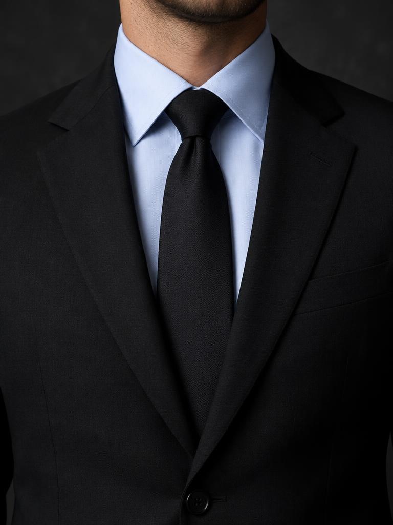Blue dress shirt with black tie and black suit