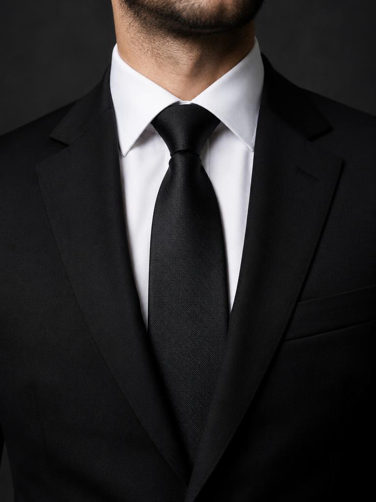 White dress shirt with black tie and black suit