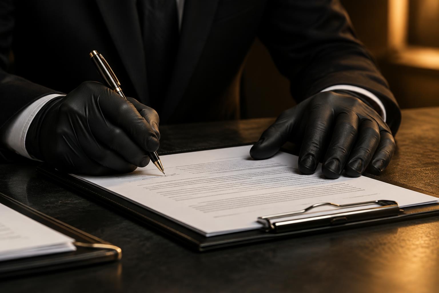 Gloved hands of a professional completing transfer paperwork on a clipboard