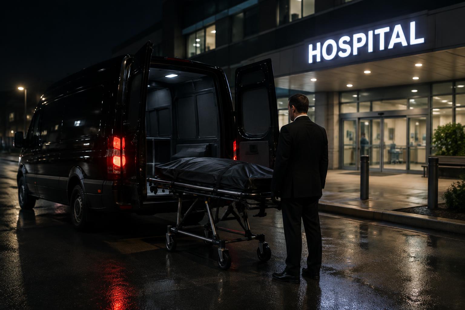 Black transport van with a covered stretcher outside a hospital entrance at night