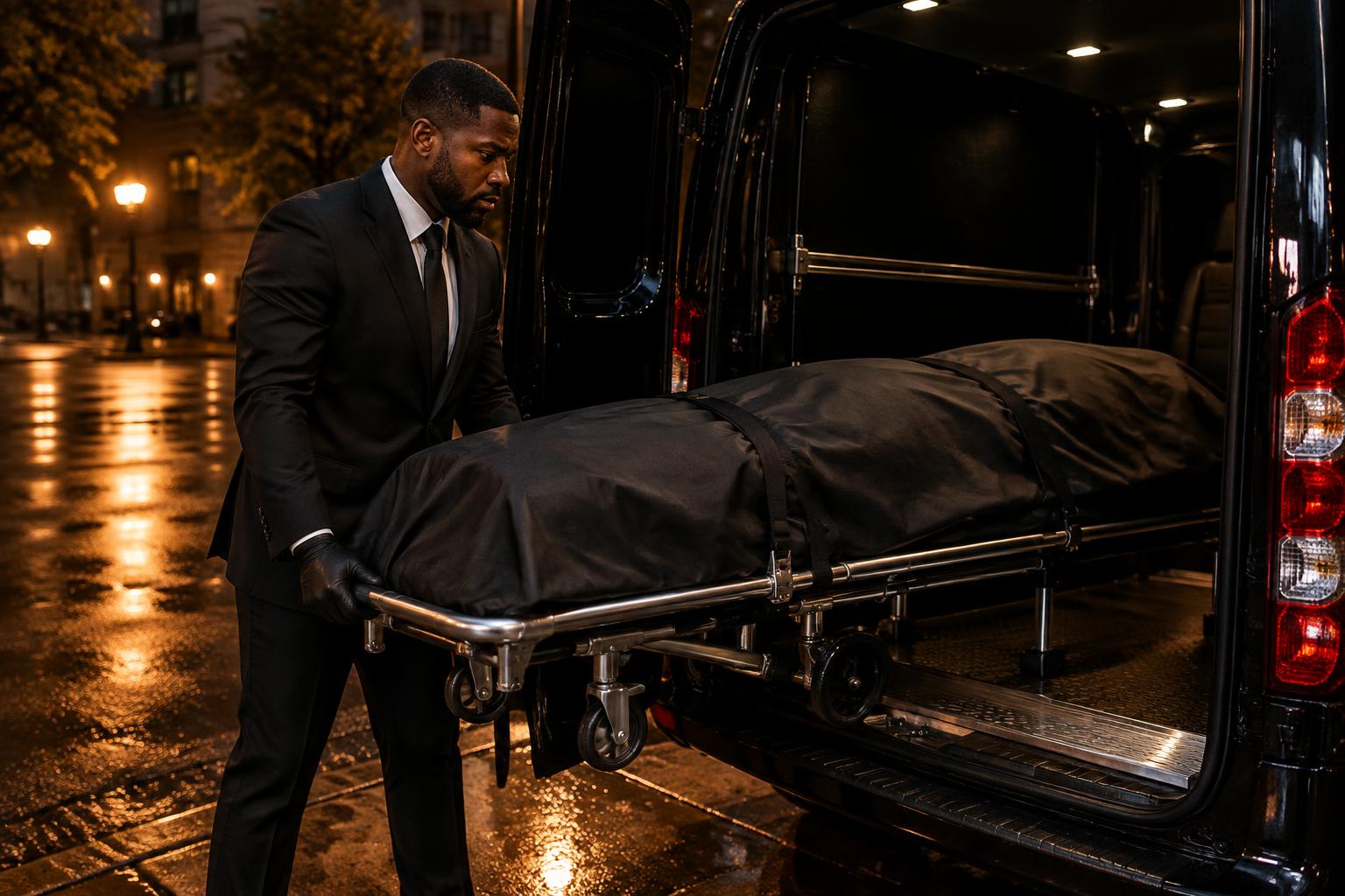 Professional transporter loading a stretcher into a black transport van at night