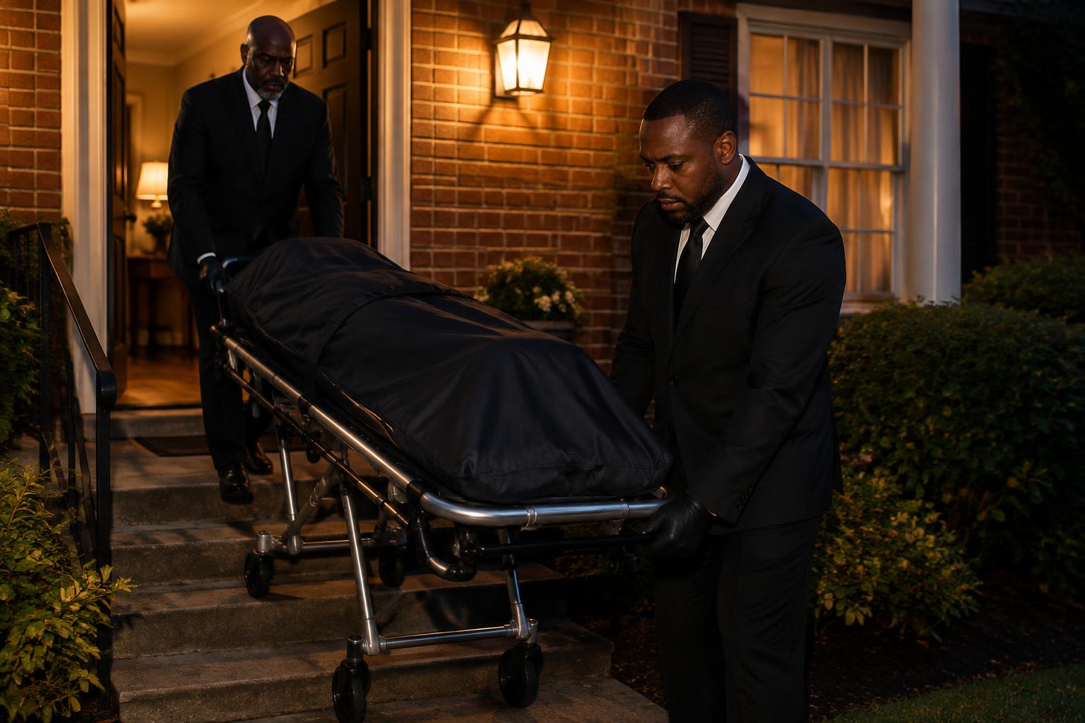 Two transporters respectfully moving a covered stretcher from a family home at night